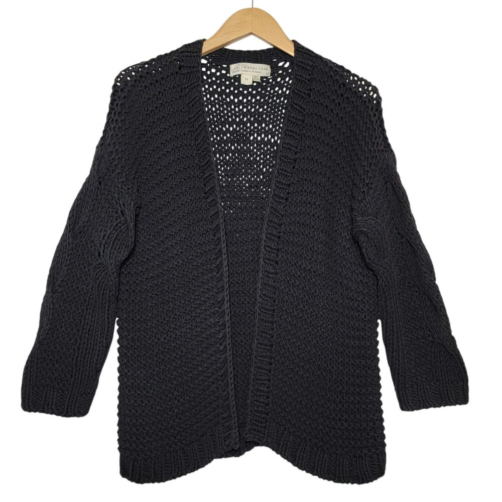 Saltwater Luxe Chunky Knit Open Front Cardigan Cable Knit Sleeve Black M